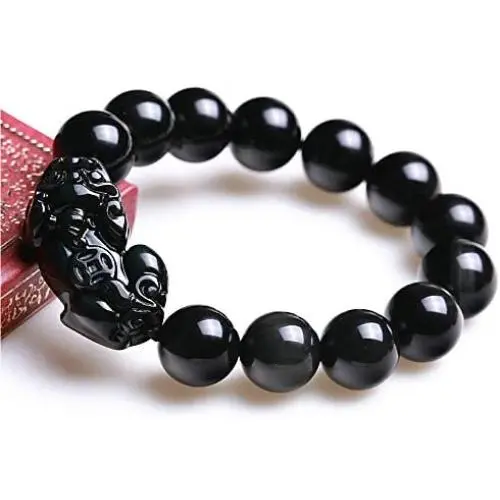 AMTOOCH Feng Shui Bracelet Black Obsidian 14mm Rainbow Eye Stone Bead Hand Carved pixiu/Pi Yao Attract Good Luck and Wealth Money for Mens and Womens