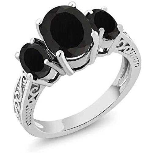 Gem Stone King 925 Sterling Silver Black Onyx 3-Stone Womens Ring (2.41 Cttw Oval, Available 5,6,7,8,9)