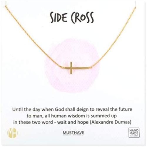 MUSTHAVE Side Cross 18K Gold Plated Necklace with Message Card, Color Gold and Silver, Anchor Chain, Best Gift Necklace, Size 16 inch + 2 inch Extender, Side Cross Pendant, Gift Card