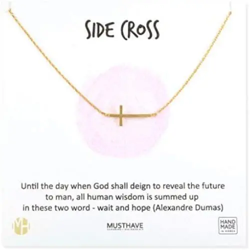 MUSTHAVE Side Cross 18K Gold Plated Necklace with Message Card, Color Gold and Silver, Anchor Chain, Best Gift Necklace, Size 16 inch + 2 inch Extender, Side Cross Pendant, Gift Card
