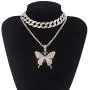 Cinsionze Big Butterfly Pendant Necklace Tennis Link Choker Rhinestone Cubic Zircon Embedded Cuban Chains Necklace Dual Layers Valentine Gifts for Women Girls