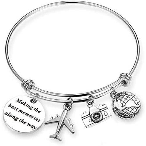 SEIRAA Travel Bracelet Wanderlust Jewelry Retirement Gift Stainless Steel Expandable Wire Bangle Adventure Lover Jewelry