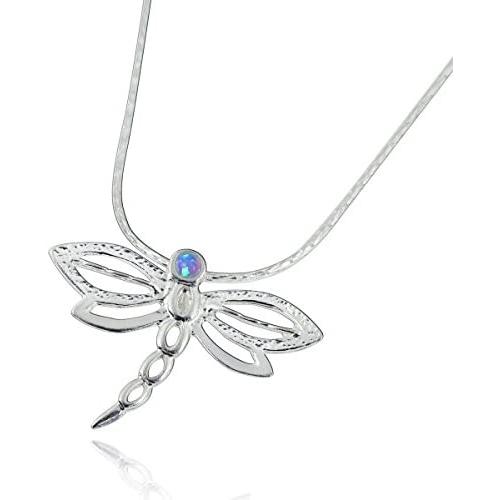 925 Sterling Silver Dragonfly Pendant Necklace with 2mm Created Blue Opal, 18'' + 4'' Extender