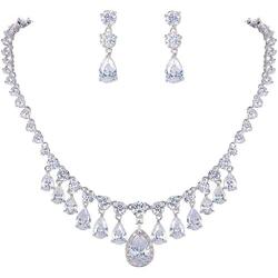 EVER FAITH Womens CZ Elegant Water Drop Dangle Necklace Earrings Set Silver-Tone