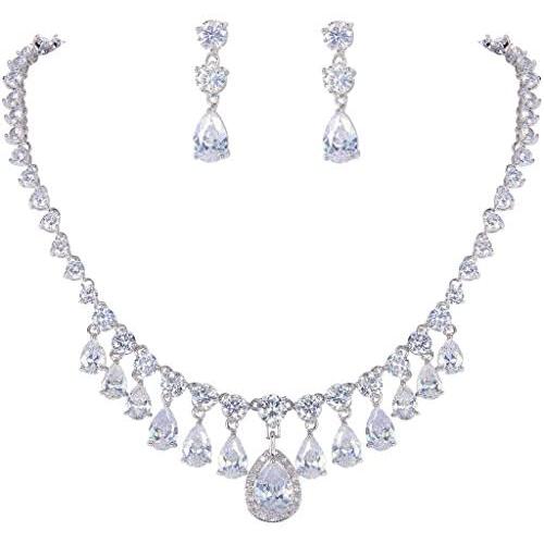 EVER FAITH Womens CZ Elegant Water Drop Dangle Necklace Earrings Set Silver-Tone