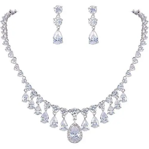 EVER FAITH Womens CZ Elegant Water Drop Dangle Necklace Earrings Set Silver-Tone EVER FAITH Womens CZ Elegant Water Drop Dangle Necklace Earrings Set Silver-Tone