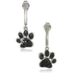 Jewelili Sterling Silver 3/8 Cttw Natural Black Round Diamond Dog Paw Dangle Earrings