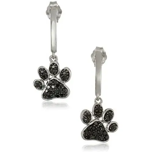 Jewelili Sterling Silver 3/8 Cttw Natural Black Round Diamond Dog Paw Dangle Earrings Jewelili Sterling Silver 3/8 Cttw Natural Black Round Diamond Dog Paw Dangle Earrings