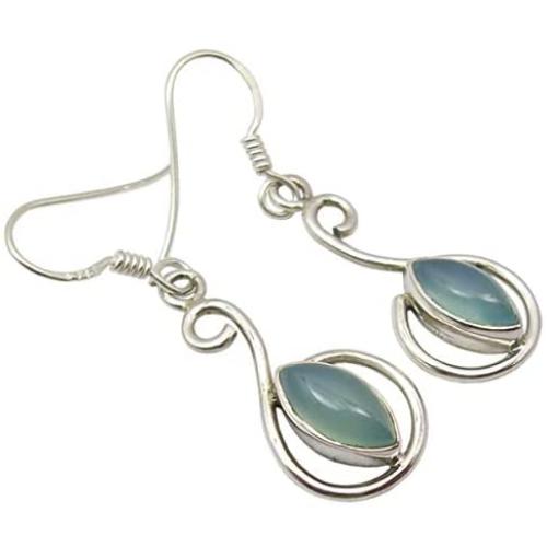 SilverStarJewel 925 Solid Sterling Silver Aqua Blue Chalcedony Earrings 4.1 cm 3.2 Grams