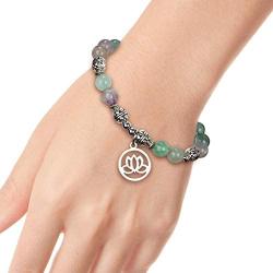 Lotus Crystal Fluorite Healing Energy Bead Bracelet for Women Stainless Steel and Alloy
