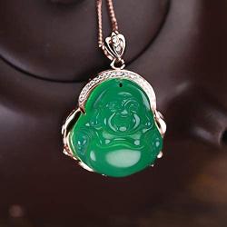 yigedan 14k Gold Plated Green Jade Gemstone Buddha Pendant Lucky Necklace