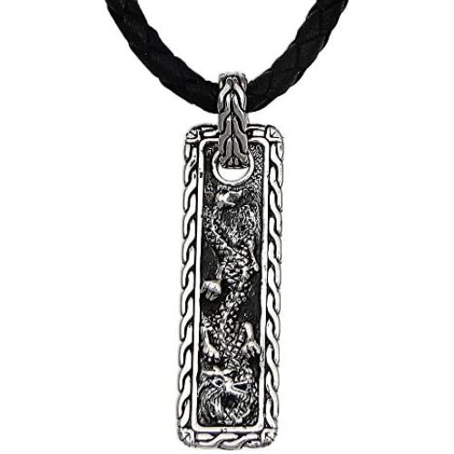 NOVICA Mens .925 Sterling Silver Pendant Necklace with Black Leather Cord, 20'', Bold Dragon