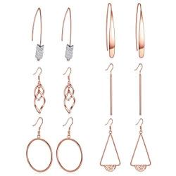 Ofeiyaa 6 Pairs Curved Threader Drop Earrings Round Hoop Earring Bar Arrow Drop Teardrop Double Wave Dangle Earrings for Women Men Rose Gold Silver