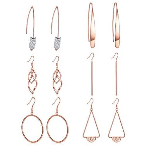 Ofeiyaa 6 Pairs Curved Threader Drop Earrings Round Hoop Earring Bar Arrow Drop Teardrop Double Wave Dangle Earrings for Women Men Rose Gold Silver