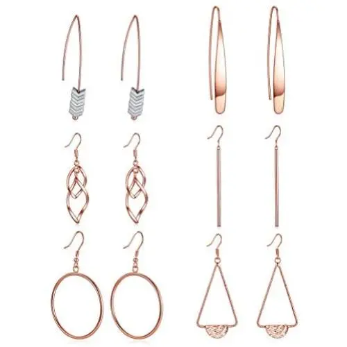 Ofeiyaa 6 Pairs Curved Threader Drop Earrings Round Hoop Earring Bar Arrow Drop Teardrop Double Wave Dangle Earrings for Women Men Rose Gold Silver