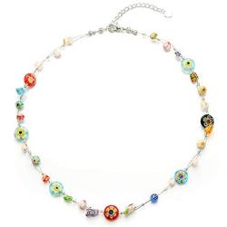 SUVANI Venetian Murano Glass Bead Multi-Colored Millefiori Flower Round Disc Necklace, 16-18 inches