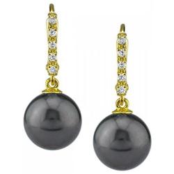 THE PEARL SOURCE 18K Gold Round Genuine Black Tahitian South Sea Cultured Pearl & Diamond Britney Earrings for Women