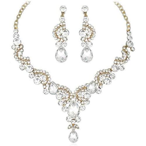 CSY Luxury Teardrop Crystal Necklace Earrings Womens Rhinestone Bridal Wedding Party Costume Jewelry Sets for Brides