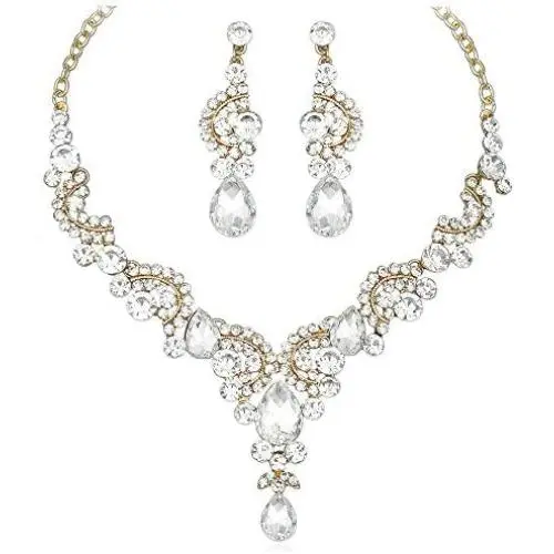 CSY Luxury Teardrop Crystal Necklace Earrings Womens Rhinestone Bridal Wedding Party Costume Jewelry Sets for Brides CSY Luxury Teardrop Crystal Necklace Earrings Womens Rhinestone Bridal Wedding Party Costume Jewelry Sets for Brides