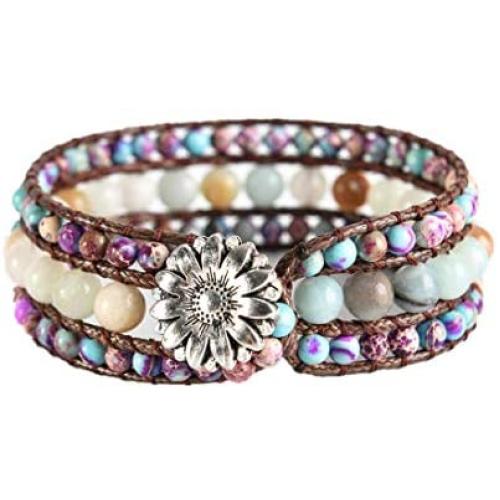 YGLINE Boho Handmade Natural Stone Bead 3 Row Wide Wrap Wrist Statment Bracelet Jewelry Collection