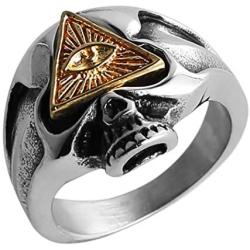 HZMAN Biker Cool Skull Rings for Men Women, Stainless Steel Band Illuminati The All-Seeing-Eye Pyramid/Eye Symbol Ring