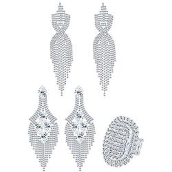 Finrezio 3 PCS Silver Tone Chandelier Earrings Oval Ring Set for Women Prom Long Rhinestone Dangle Earrings Crystal Costume Jewelry Set