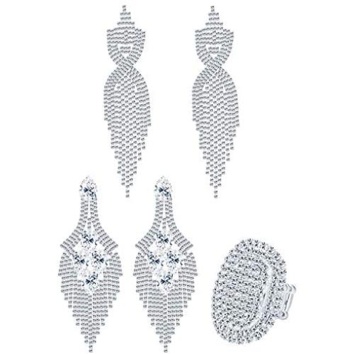 Finrezio 3 PCS Silver Tone Chandelier Earrings Oval Ring Set for Women Prom Long Rhinestone Dangle Earrings Crystal Costume Jewelry Set