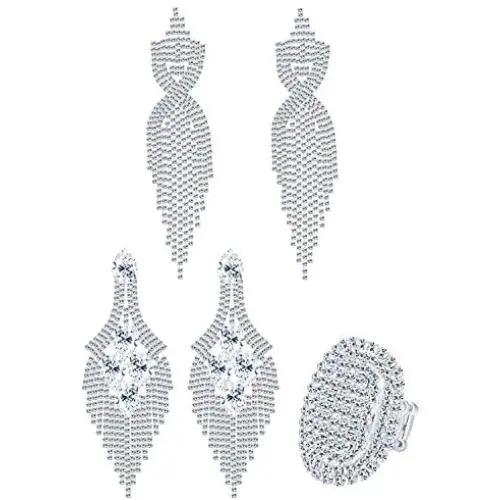 Finrezio 3 PCS Silver Tone Chandelier Earrings Oval Ring Set for Women Prom Long Rhinestone Dangle Earrings Crystal Costume Jewelry Set Finrezio 3 PCS Silver Tone Chandelier Earrings Oval Ring Set for Women Prom Long Rhinestone Dangle Earrings Crystal Costume Jewelry Set