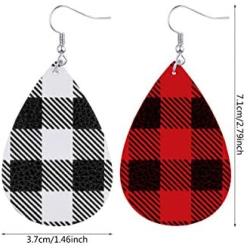 16 Pairs Christmas Plaid Dangle Earrings Faux Leather Dangle Earrings Long Plaid Earrings for Women Girls Favors (White and Black, Red and Black)