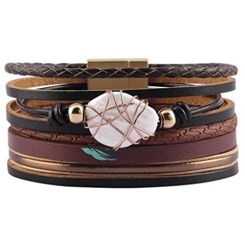 Evchris Leather Wrap Bracelet Baroque Pearl Boho Cuff Bracelet Multilayer Handmade Wristbands Magnetic Clasp Bangle Jewelry Gifts for Women Teen Girls Mother
