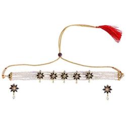 Efulgenz Indian Traditional 18K Gold Tone Plated Ruby Pearl Beaded Collar Strand Moti Choker Necklace Jewelery Festive Costume Accessories for Women and Girls