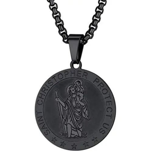 PROSTEEL Stainless Steel Saint Christopher Necklace for Men Women, 22''-24'' Adjustable, Black/18K Gold Plated, Patron Saint of Travellers, Come Gift Box