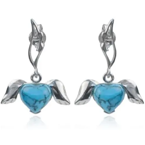 Sterling Silver Imitation Turquoise Winged Hearts Dangle Earrings