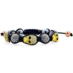 Bling Jewelry Goth Gunmetal Gold-Tone Skulls Crystal Ball Shamballa Inspired Bracelet for Women for Men Black Cord String Adjustable