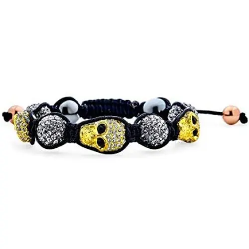 Bling Jewelry Goth Gunmetal Gold-Tone Skulls Crystal Ball Shamballa Inspired Bracelet for Women for Men Black Cord String Adjustable Bling Jewelry Goth Gunmetal Gold-Tone Skulls Crystal Ball Shamballa Inspired Bracelet for Women for Men Black Cord String Adjustable