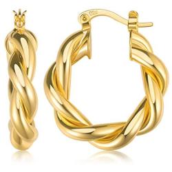 Twisted Hoop Earrings 14K Gold Plated 925 Sterling Silver Post Chunky Hoop Earrings Lightweight High Polished Hoops Jewelry Gift for Women and Gi