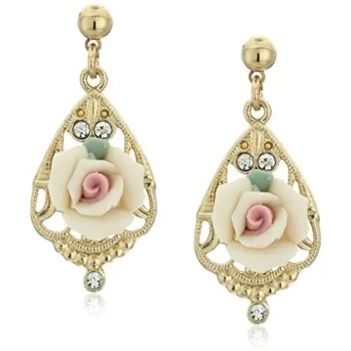 1928 Jewelry Gold-Tone Color Porcelain Rose with Crystal Accent Filigree Drop Earrings 1928 Jewelry Gold-Tone Color Porcelain Rose with Crystal Accent Filigree Drop Earrings