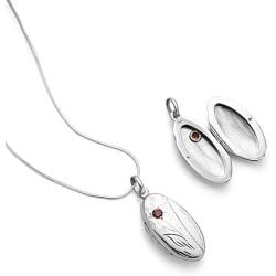 925 Sterling Silver Red Garnet Stone Flower Engraved Oval Shaped Locket Necklace 18 inches