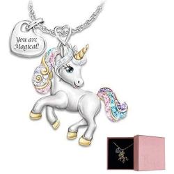 Girls Unicorn Necklace Pendant Cute Animal Colorful Jewelry Stainless Steel Heart Initial Horse Pendant Gift for Teen Kids Birthday Thanksgiving Christmas with Gift Box