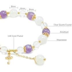 Rose&Poem Triple Crystal Bracelet, Amethyst-Moonstone-Clear Quartz, 14K Gold Plated Key Charm Stretch Beaded Bracelet, Spiritual Reiki Chakra Fertility Healing Gemstone Beads Dainty Jewelry Gift