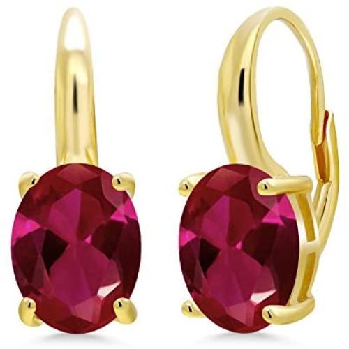 Gem Stone King 5.00 Ct Oval Red Created Ruby 18K Yellow Gold Plated Silver Earrings