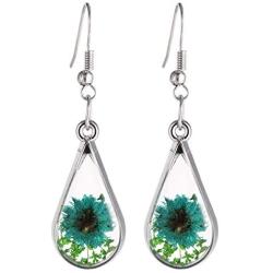FM FM42 Red Turquoise Pressed Flowers Teardrop Drop Dangle Earrings Pendant Necklace Jewelry Set, 2 Colors