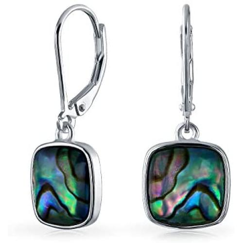 Geometric Shell Rainbow Iridescent Abalone Square Leverback Dangle Drop Earrings For Women For Teen 925 Sterling Silver