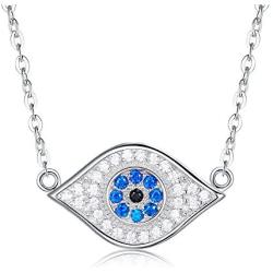 TONGZHE Blue Evil Eye Pendant Necklace in Sterling Silver 925 with Cubic Zirconia CZ and 16''+2'' Cable Chain
