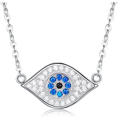 TONGZHE Blue Evil Eye Pendant Necklace in Sterling Silver 925 with Cubic Zirconia CZ and 16''+2'' Cable Chain