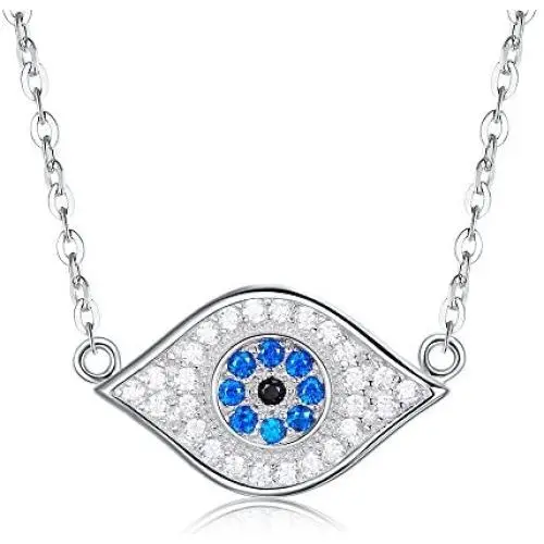 TONGZHE Blue Evil Eye Pendant Necklace in Sterling Silver 925 with Cubic Zirconia CZ and 16''+2'' Cable Chain TONGZHE Blue Evil Eye Pendant Necklace in Sterling Silver 925 with Cubic Zirconia CZ and 16''+2'' Cable Chain