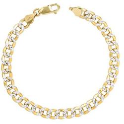 Nuragold 14k Yellow Gold 7mm Cuban Chain Curb Link Diamond Cut Pave Two Tone Bracelet, Mens Womens Lobster Lock 7'' 7.5'' 8'' 8.5'' 9''