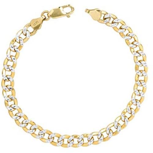 Nuragold 14k Yellow Gold 7mm Cuban Chain Curb Link Diamond Cut Pave Two Tone Bracelet, Mens Womens Lobster Lock 7'' 7.5'' 8'' 8.5'' 9''