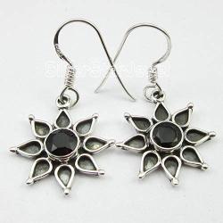 SilverStarJewel 925 Sterling Silver Black Onyx Sun Earrings 1.3'' Women Fashion