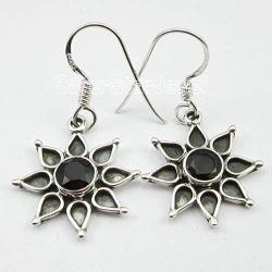 SilverStarJewel 925 Sterling Silver Black Onyx Sun Earrings 1.3'' Women Fashion